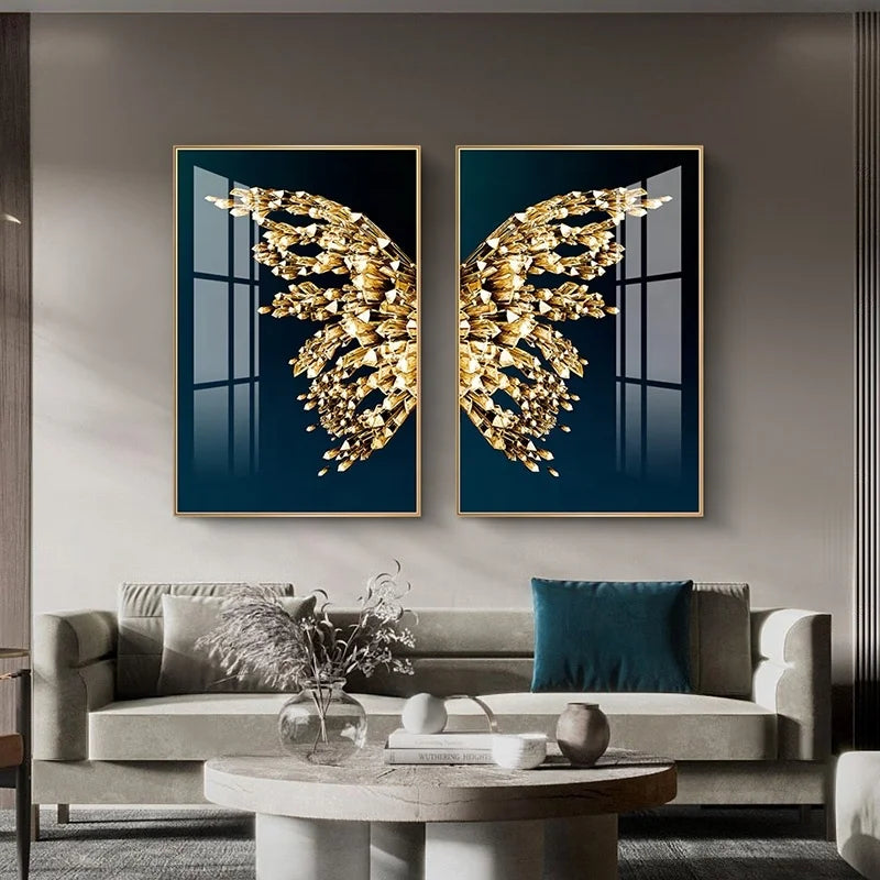 Golden Butterfly Crystal Porcelain Oil Painting Digital Printing Custom Size Modern Wall Art Decor