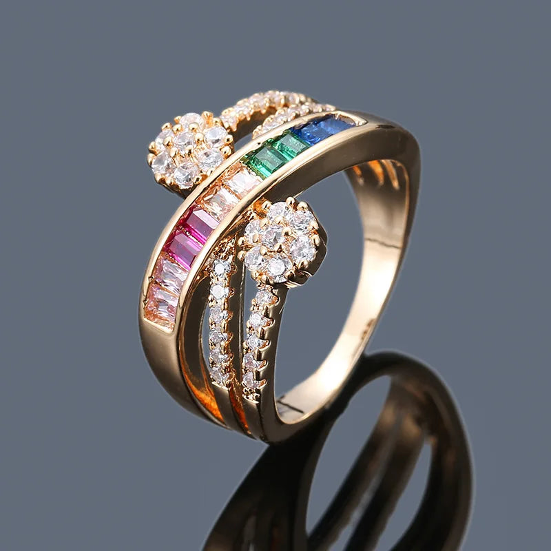 Fashion Elegant Geometric Color Ring for Women Romantic Finger Jewelry Gold Plated Full Colorful Rainbow Zircon Diamond Rings