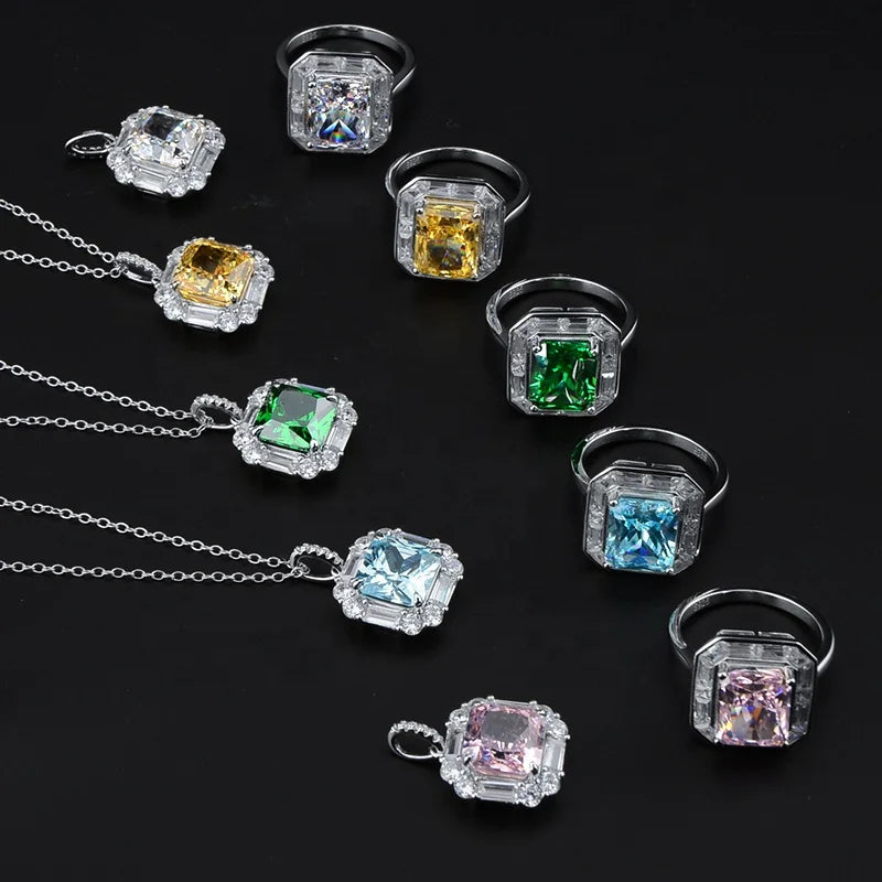 Fashion Jewelry Sets 925 Sterling Silver Necklace Ring Earrings Emerald Zircon Women Jewelry Set