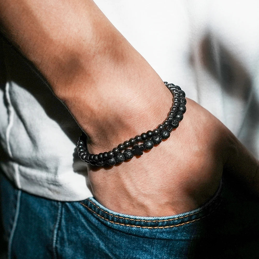 New 2-Pack Black Gallstone Men's Combination Bracelet Set Fashion Volcanic Stone Beaded Bracelet Wholesale