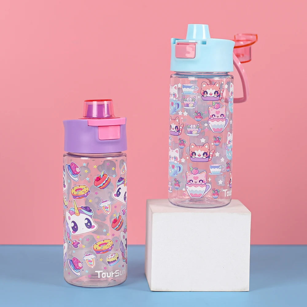 Toursun 420ml Tritan Push Button Water Bottle for Kids BPA Free Handle Press Type for Water Flow for Boiling Water for School