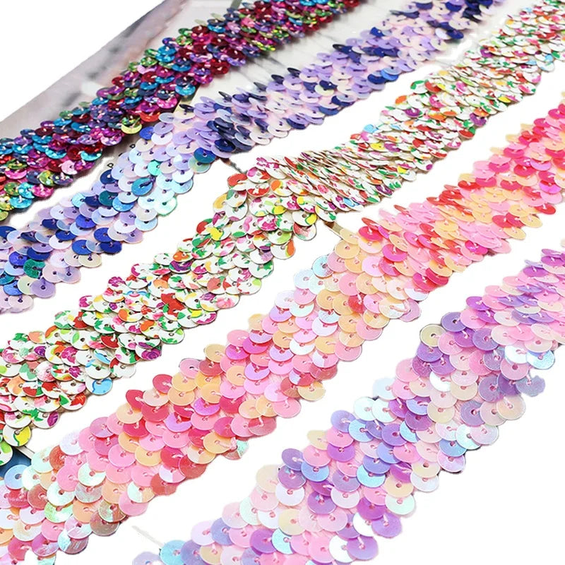 Diy Stage Dancewear Accessories 3cm Wide Colored Sequins 3 Rows Sequined Beaded Elastic Stretch Lace Trims for Home Decoration