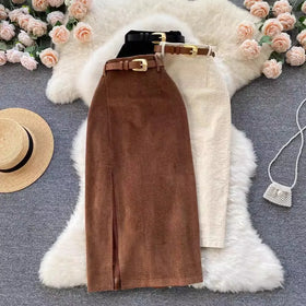 S-XL Retro Split Skirt Winter Mid Length Korean Style High Waist Wrapped Hip A-line Straight Skirt
