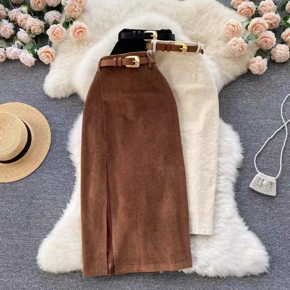 S-XL Retro Split Skirt Winter Mid Length Korean Style High Waist Wrapped Hip A-line Straight Skirt