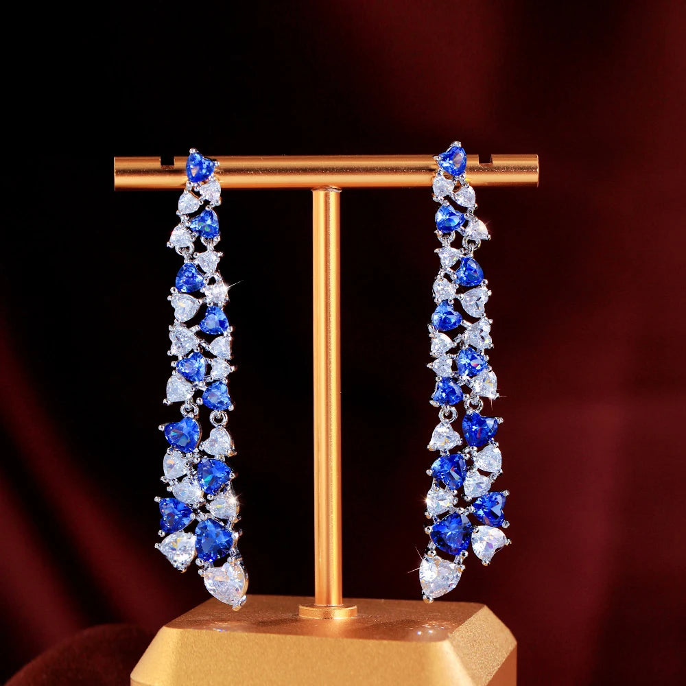 Luxuries Design Heart Cut Cubic Zirconia Party Wedding Royal Blue Long Dangle Drop Earrings for Women Prom Banquet Accessories