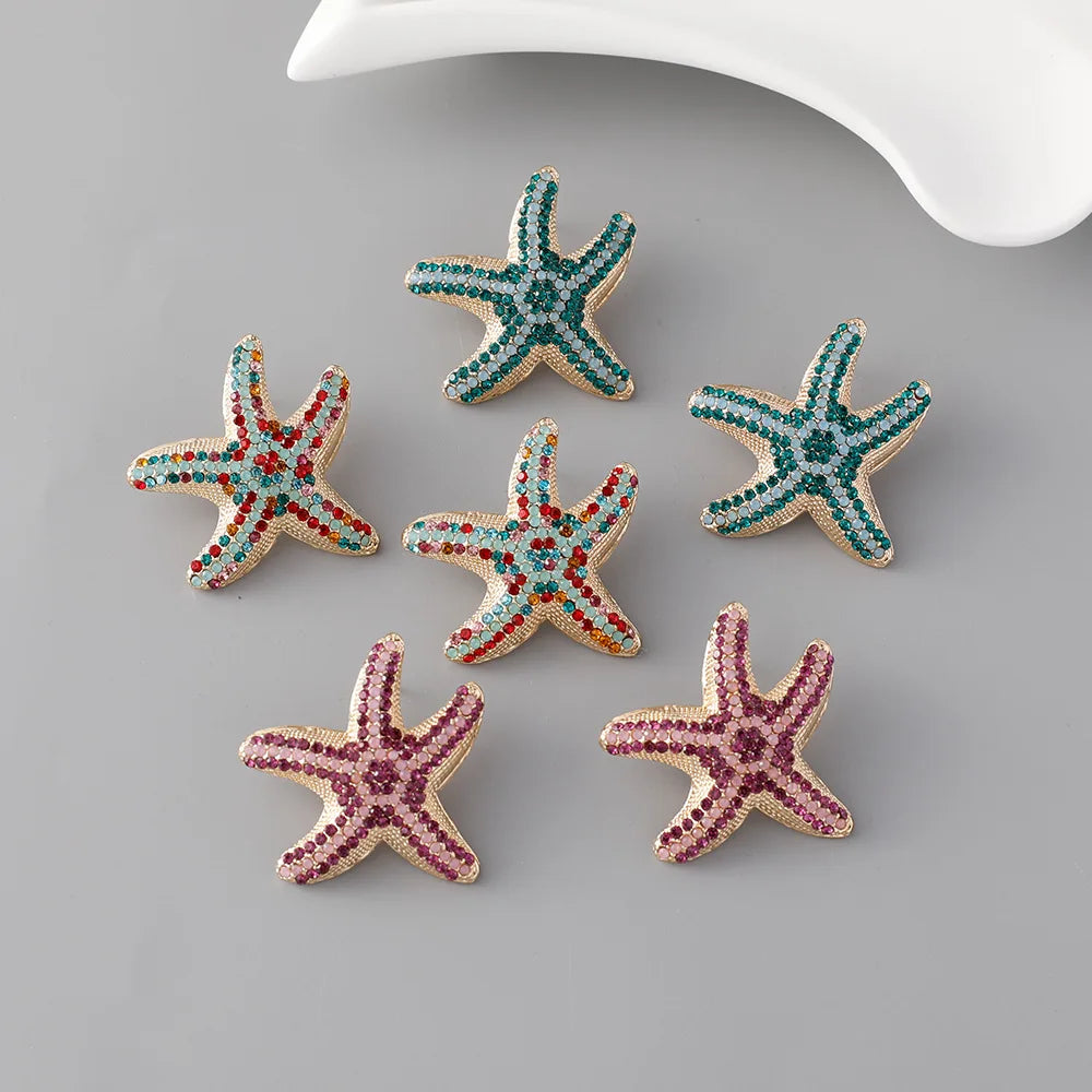 Fashion Jewelry Colorful Crystal Starfish Earrings Wholesale Rhinestone Big Starfish Stud Earrings for Girl