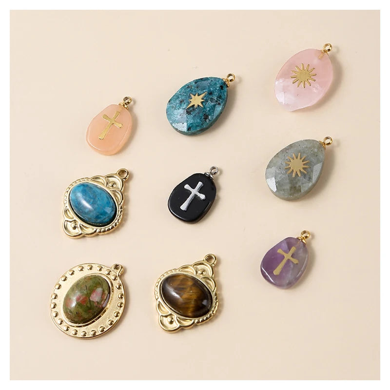 Natural Gemstone Charm Pendant Healing Crystal Quartz Stone Gold Stainless Steel Small Pendant for DIY Necklace Jewelry Making