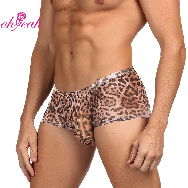 New Arrival Men's Sexy Mesh Boxer Brief Underwear Custom Leopard Print Breathable Knitted Fabric ODM Supply