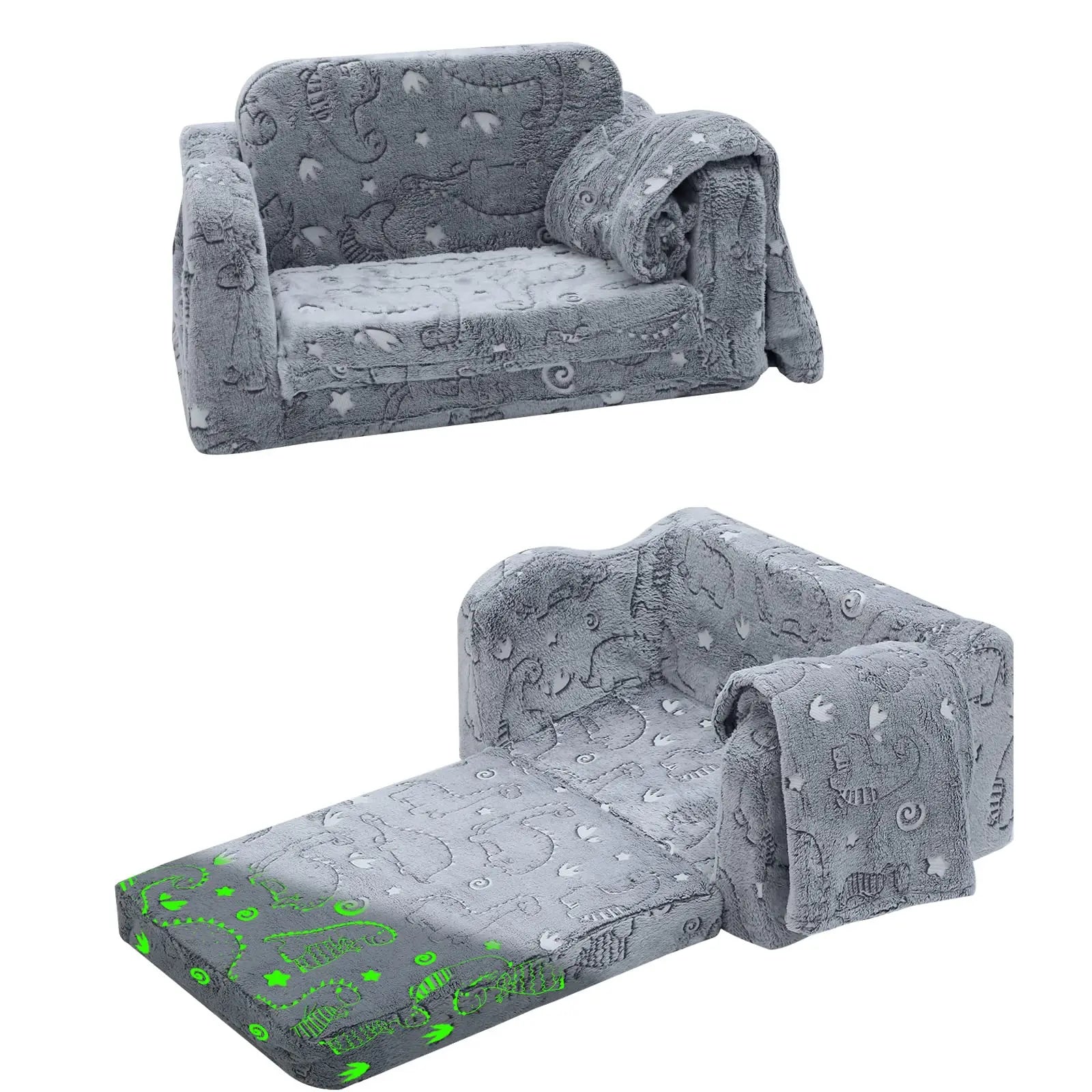 Kingworth Kids Sofa Foldable Adjustable Flip Out Glowing Dinosaur Toddler Kids Couch Sofa with Blanket for Livingroom