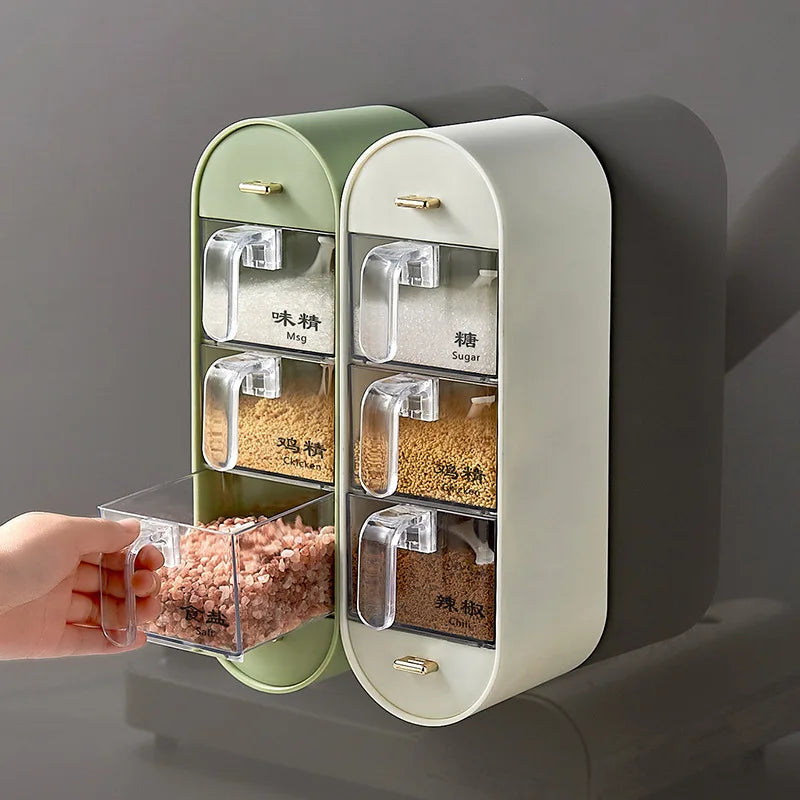 Kitchen Plastic Drawer Type Spice Box with Spoon Kitchen Punch-free Multi-function Seasoning Rack Wall Mounted Seasoning Box