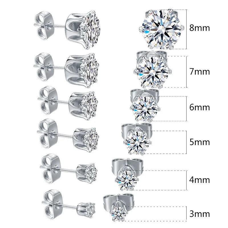3mm to 8mm Small Mini No Tarnish Fade Silver Plated Round Zircon Stud Earrings 316l Stainless Steel Earrings for Women