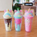 Unicorn Ice Cream Double-Layer Straw Glass Cup 430ml Capacity High-Looking Lid Summer Fashion Plastic Drinkware