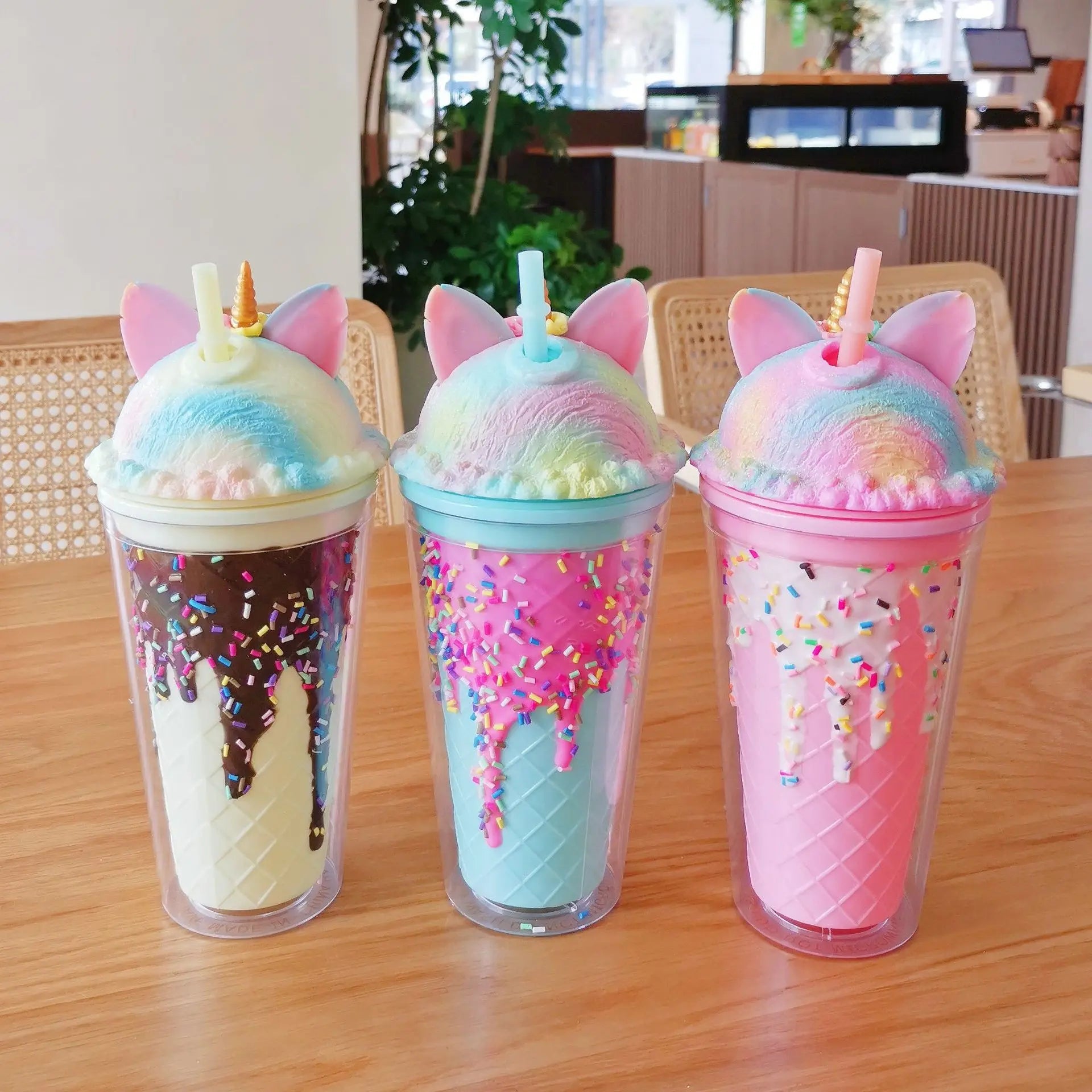 Unicorn Ice Cream Double-Layer Straw Glass Cup 430ml Capacity High-Looking Lid Summer Fashion Plastic Drinkware