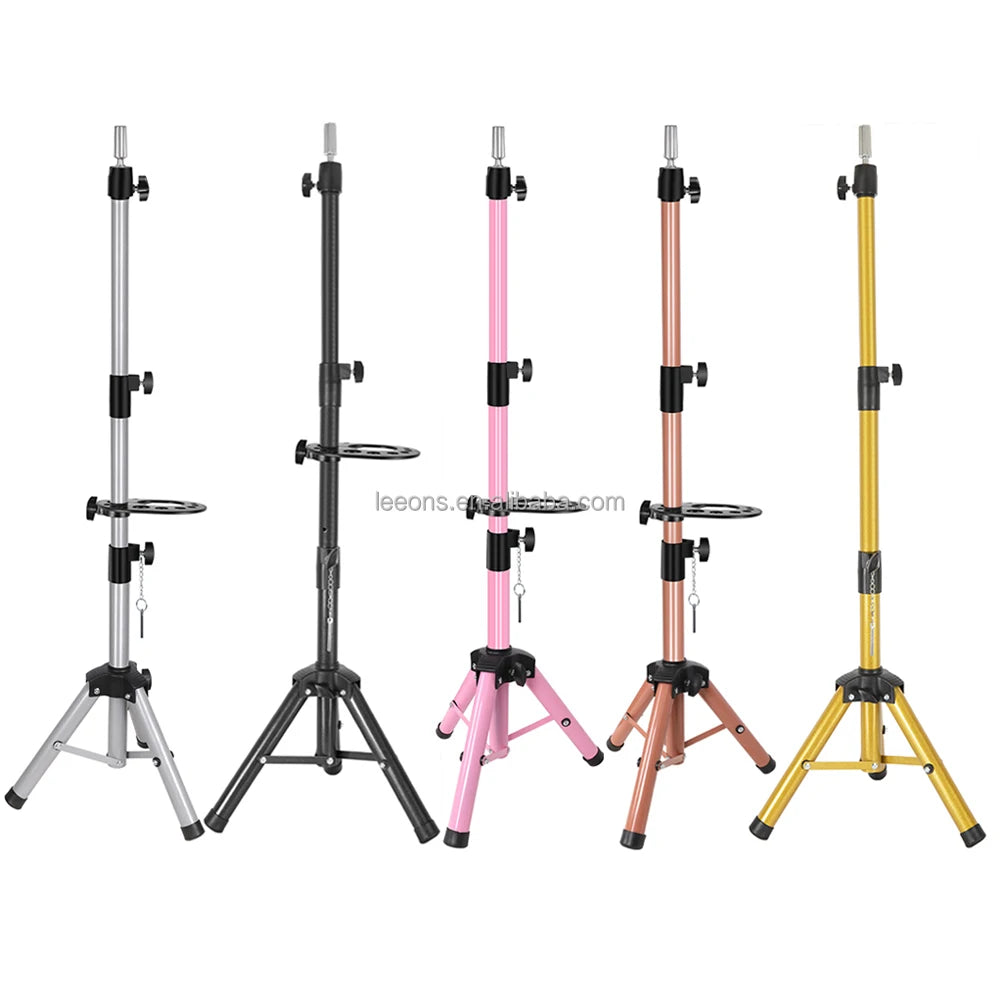 Leeons Black Pink Coffee Gold Black Color Optional Telescopic Stainless Steel Mannequin Head Wig Tripod Stand for Wigs Making