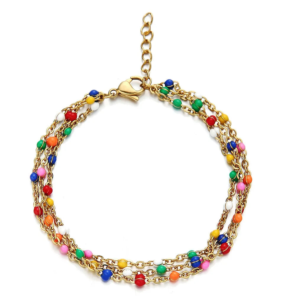 Creative Stainless Steel Gold Plated Charms Multi Layer Colorful Beaded Beach Anklet