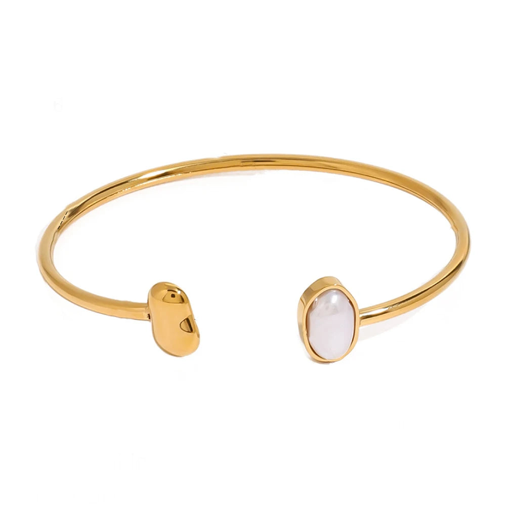 Wholesale Women's Fashion Bracelet Smooth Open Waterproof Stainless Steel with Gold-Plated Titanium Pearl Accented Bangle Gold