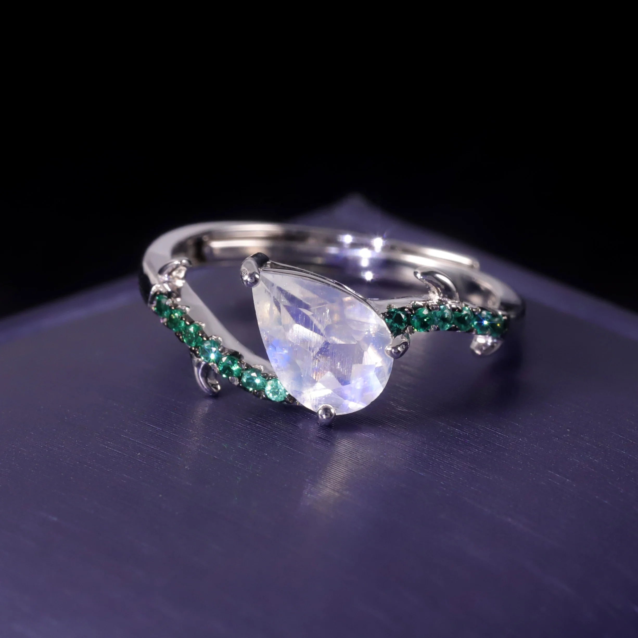 Abiding Unique Classic Good Price 925 Sterling Silver Nano Emerald Green Pave Shank Decor Milky Blue Moonstone Adjustable Rings