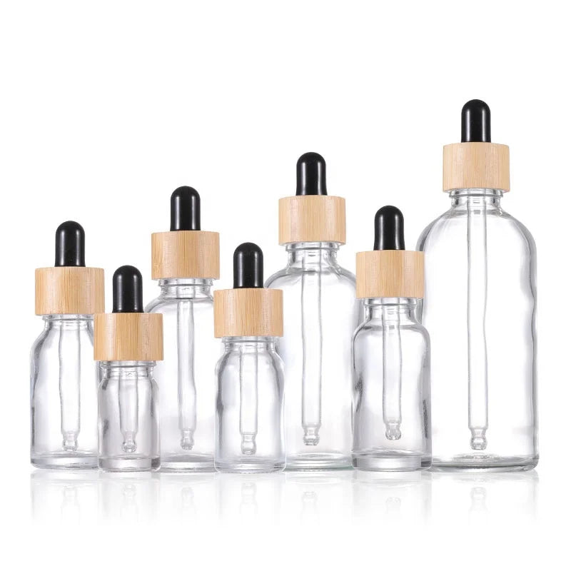 Hot Sale Free Sample 5ml 10ml Transparent  clear Bamboo Top Glass Essential Oil Dropper  Bottle