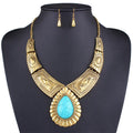 Antique Silver Vintage Big Stone Waterdrop Necklace and Earingy Zinc AlloyGold Plated Jewelry Set Jewelry