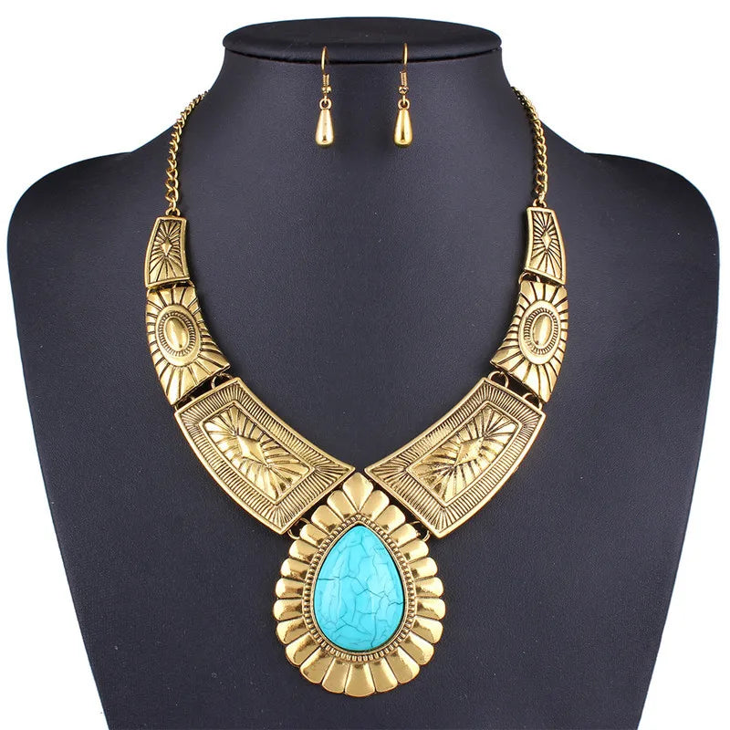 Antique Silver Vintage Big Stone Waterdrop Necklace and Earingy Zinc AlloyGold Plated Jewelry Set Jewelry
