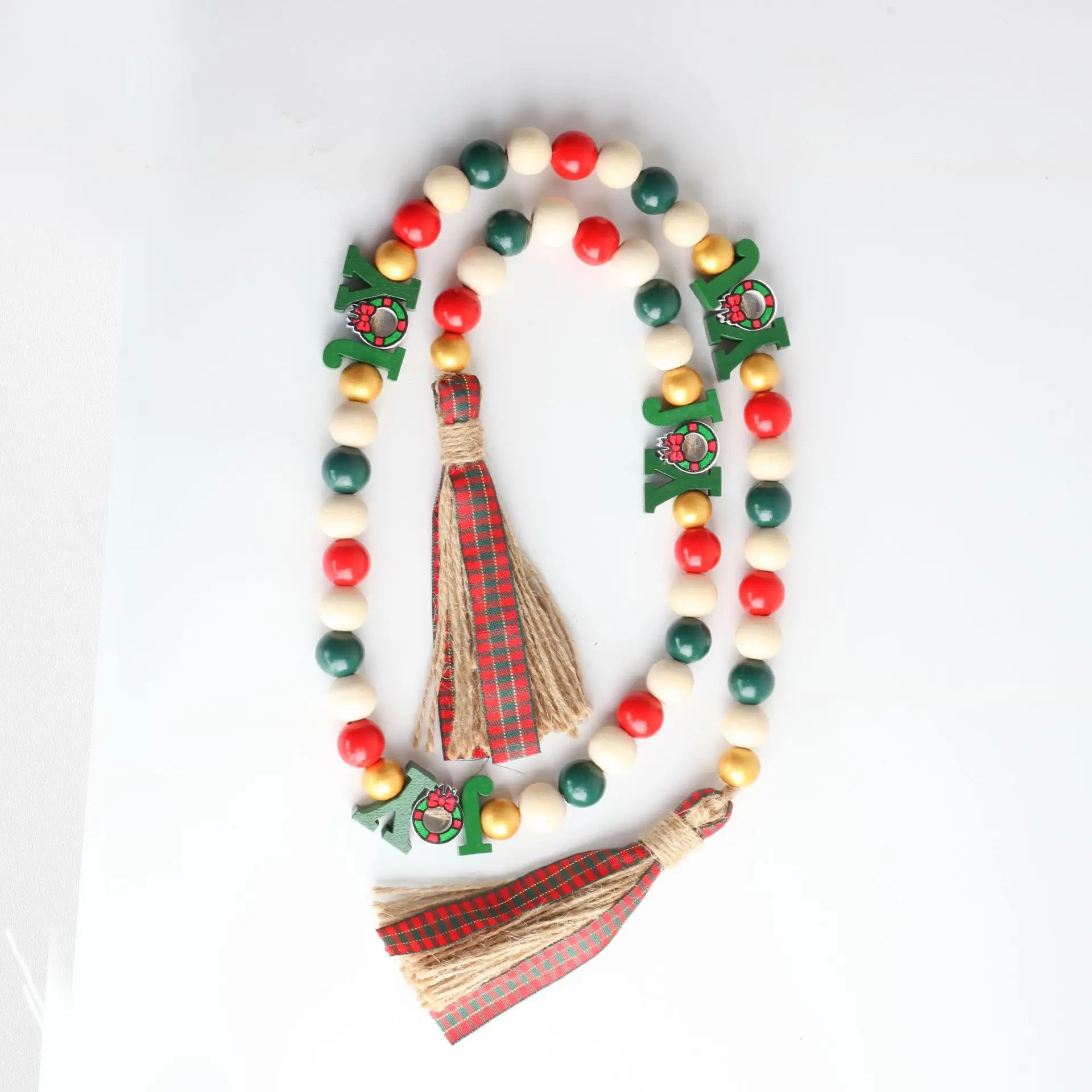 Christmas Farmhouse 16mm Red Wood Bead Garland with JOY Design Bead and Plaid Tassel Jute Cord for Home Decor