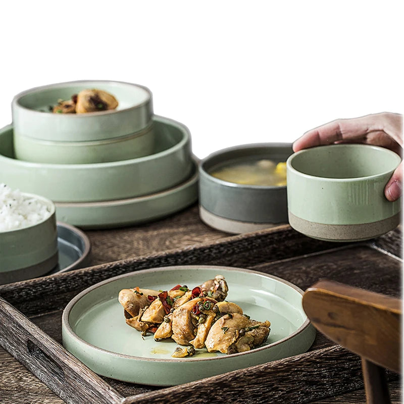 Porcelain Japanese Korean Style Factory Crude Pottery Ceramic Straight Flange with Rim Tableware of Korea Desser Plate Dish Mug