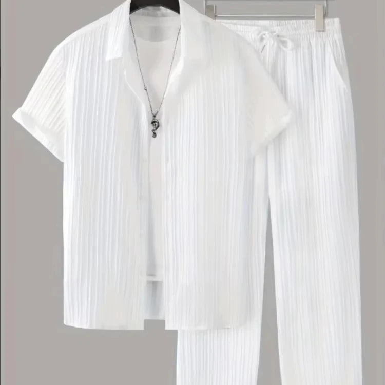 Men's Striped Short Set Sleeved Shirt Breasted Lapel Set Men's Fashion Style