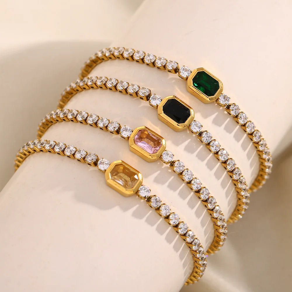Luxury Hip Hop 18K Gold Plated Stainless Steel Tennis Bracelet New Fashion 3mm Square Cubic Zirconia CZ Zircon Diamond