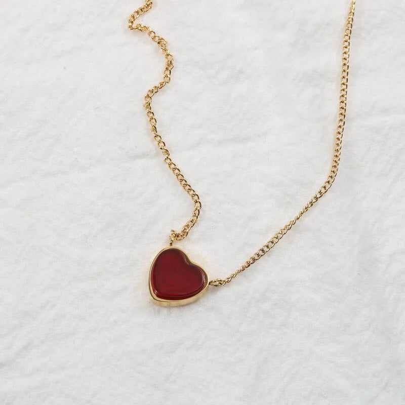 Trendy Luxury Ladies Jewelry Stainless Steel Heart Shape Red Chalcedony Pendant Necklace