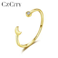 CZCITY Gold Plated S925 Sterling Silver Moon and Star Metal Cubic Zirconia Open Cuff Rings