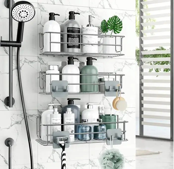 3 Pack Modern Adhesive Corner Hanging Shower Caddy Stainless Steel Dual Tier Eco-Friendly Bathroom Organizer Silver Polished