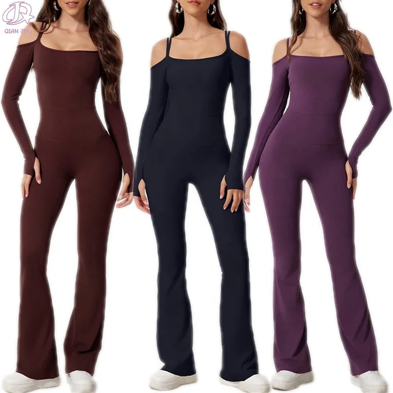 Wholesale Women's Plus Size Jumpsuit Solid Color Long Sports Flared Bodysuit Breathable Jumpsuit