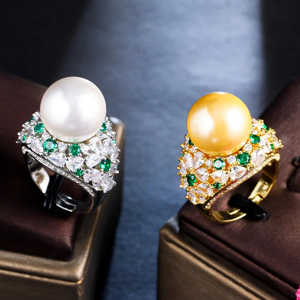 Resizable Green Cubic Zircon Crystal Luxury Big Pearl Cocktail Party Rings for Women White Gold Plated CZ Wedding Party Jewelry