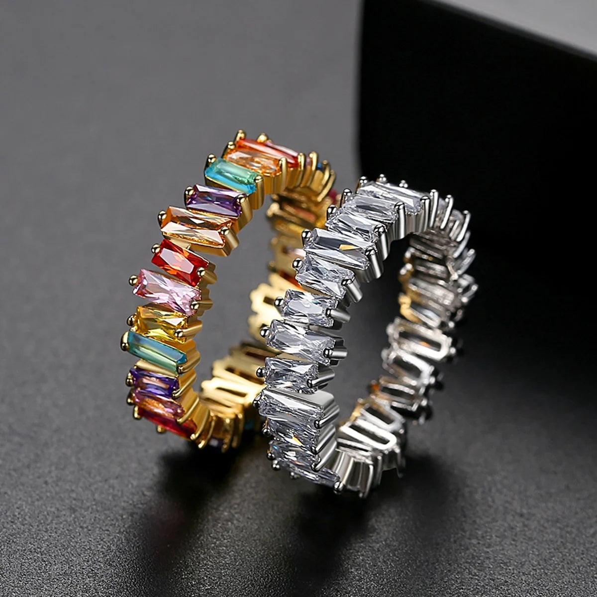 New Bling Fashion Multicolor CZ Baguette Ring Women Men Charm Zircon Gold Silver Color Iced Wedding Rings Bague Hip Hop Jewelry