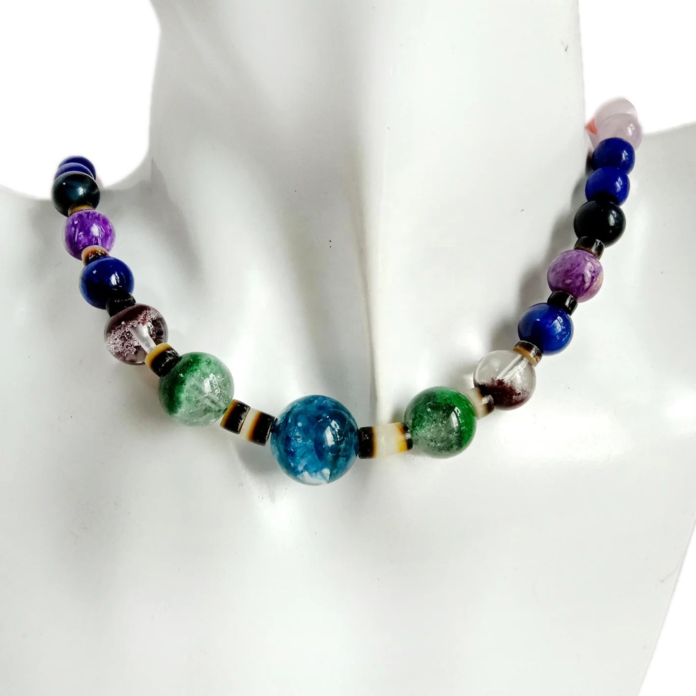Black Ghost Phantom Quartz and Lapis Lazuli Roundle Beads Charoite with Milky Blue Quamarine Green Ghost Phantom Quartz Pendant