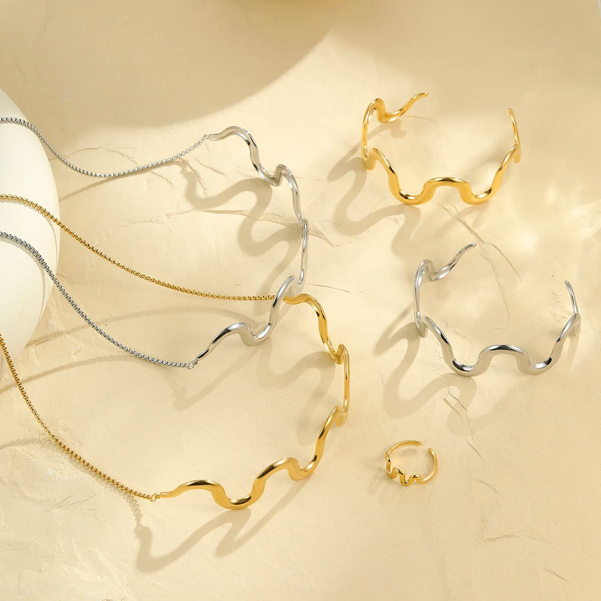 Women's Hypoallergenic 18K Gold Plated Stainless Steel Fine Trendy Jewelry Sets Wave Bracelets Rings Pendant Necklaces Wedding