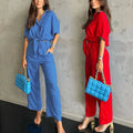 Wholesale 2022 Women's Short-Sleeve Loose Top and Long Pants Two-Piece Suit New Design Solid Pattern for Summer MOQ 2pcs