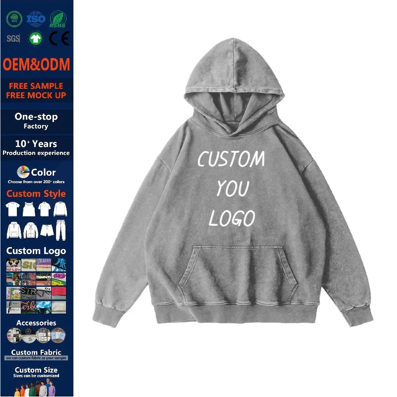 420 GSM Vintage Wash Hoodie Custom Mens High Quality Hoodies Embroidery Own Logo Colorful Acid Wash Hoodie