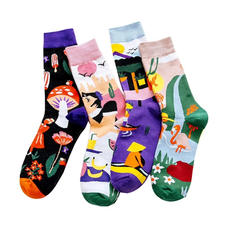 Wholesale Cute Character Mushroom Painted Socks Women Funky Trending Cotton Crew Socks