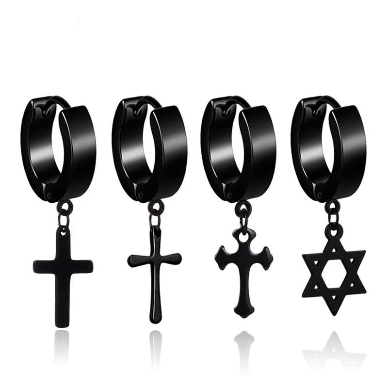 Punk Non Tarnish Stainless Steel Cross Hexagram Pendant Mens Hip Hop Earring Jewelry for Male