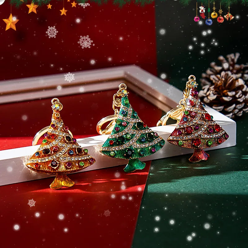 Christmas Gifts Rhinestone Diamond Christmas Tree Decorations Custom Logo Key Rings Car Key Chains Luxury Enamel Metal Key Chain