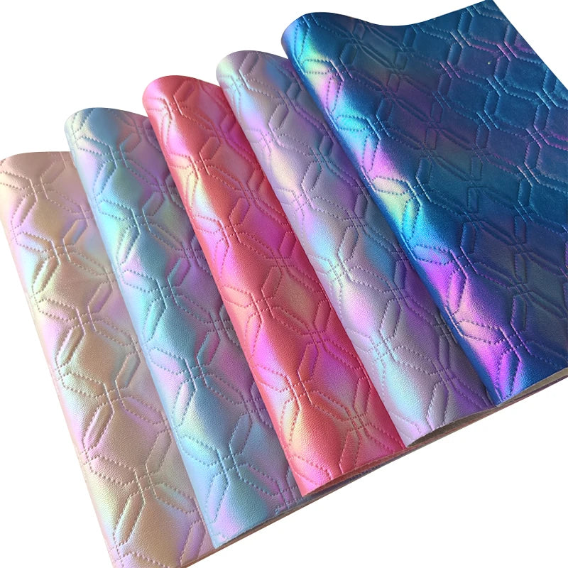 New Hexagon Iridescent Design Color Embossed Laser Leather Fabric Quilted PU Fabric Roll Cotton Back for Shoe/Bag/Mat