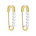 Women Luxury 18k Gold Plated Imitation Pearl Safety Pin Earrings Stainless Steel