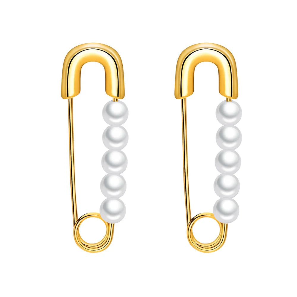 Women Luxury 18k Gold Plated Imitation Pearl Safety Pin Earrings Stainless Steel
