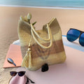 AVacation Style Straw Shoulder Bags for Women Large Capacity Ladies Handbags Striped Female Beach Tote Bag with Tassel Pendant