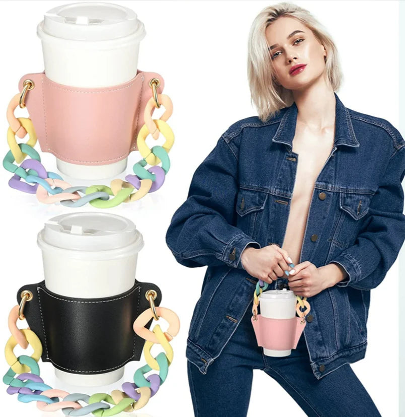 New Design Drinkware Handle Coffee Tea Cups Sleeve PU Leather Drink Carrier Mug Cup Holder With Chain