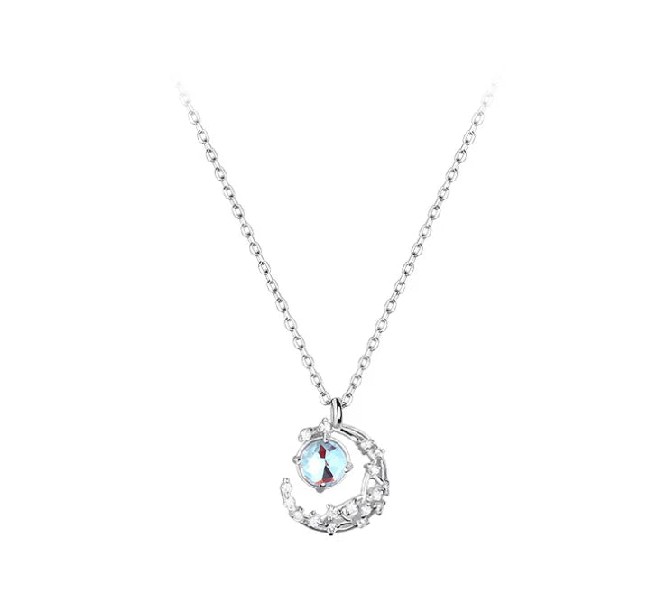 Sterling Silver Crystal Moon Opal Round Charm Necklace for Women Choker Collares Wedding Party Jewelry