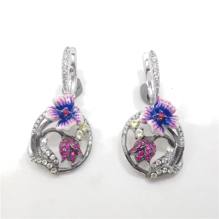 Wholesale Jewelry Golden Nano Corundum Cz Purple Enamel Flower 925 Sterling Silver Clip Earrings