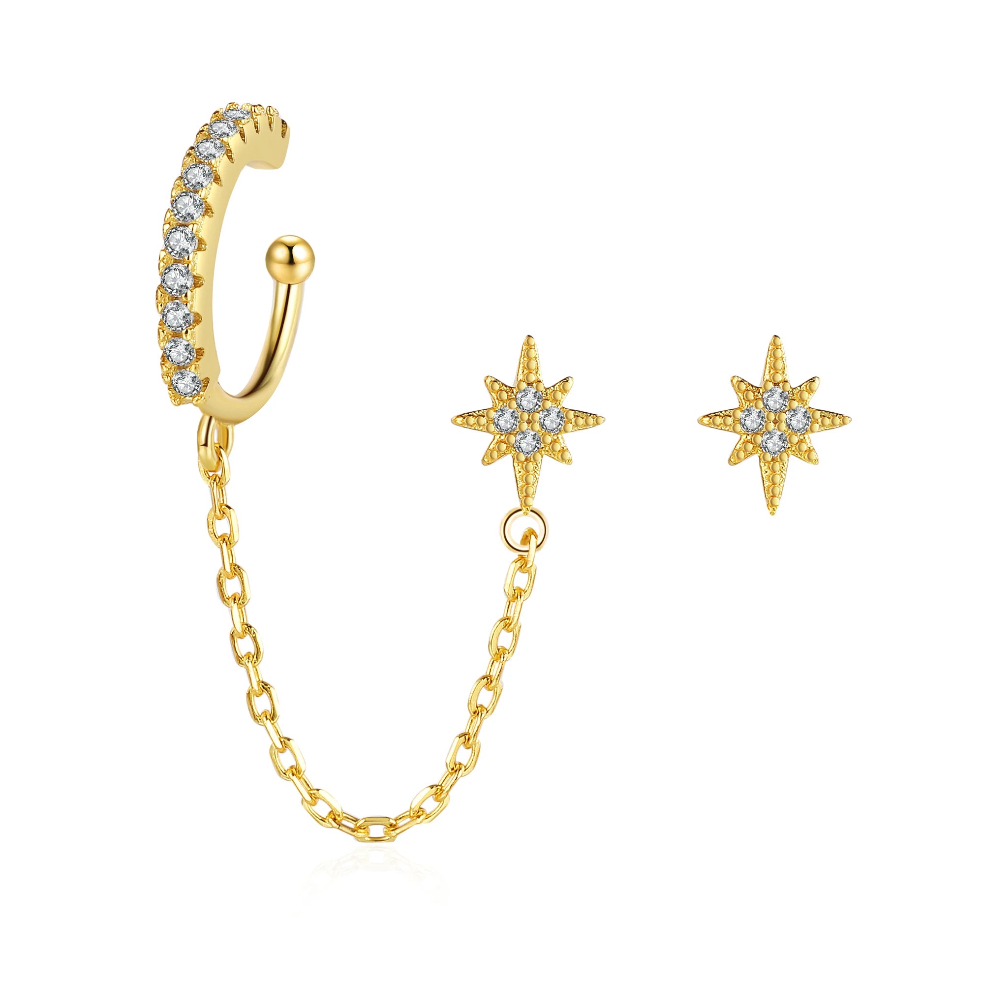 Hot Sale 925 Sterling Silver Hexagram Asymmetric Earrings  18K Gold Plated Chain Earrings for Women
