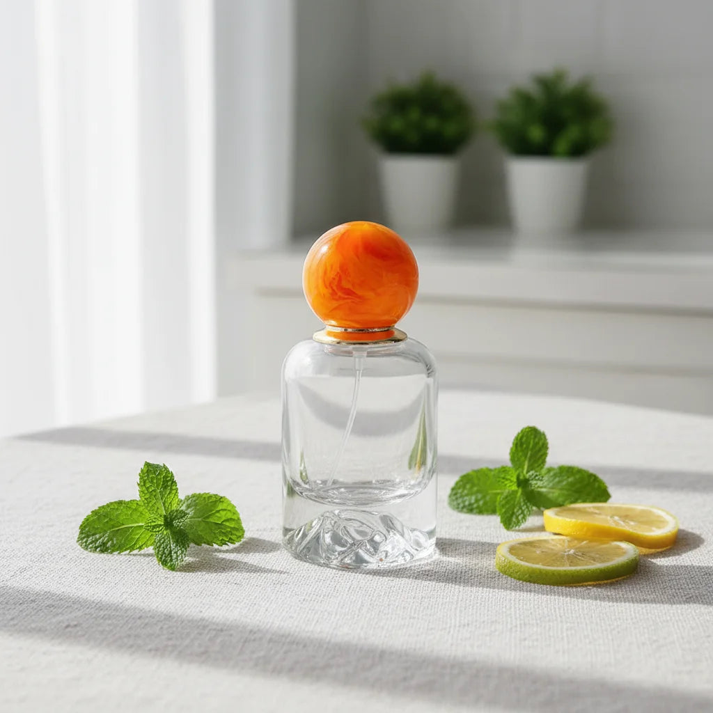 Special Desgin on Bottom 50ml Glass Perfume Bottle High Quality Cosmetic Packaging Crimp Neck in Stock with Stone Cap